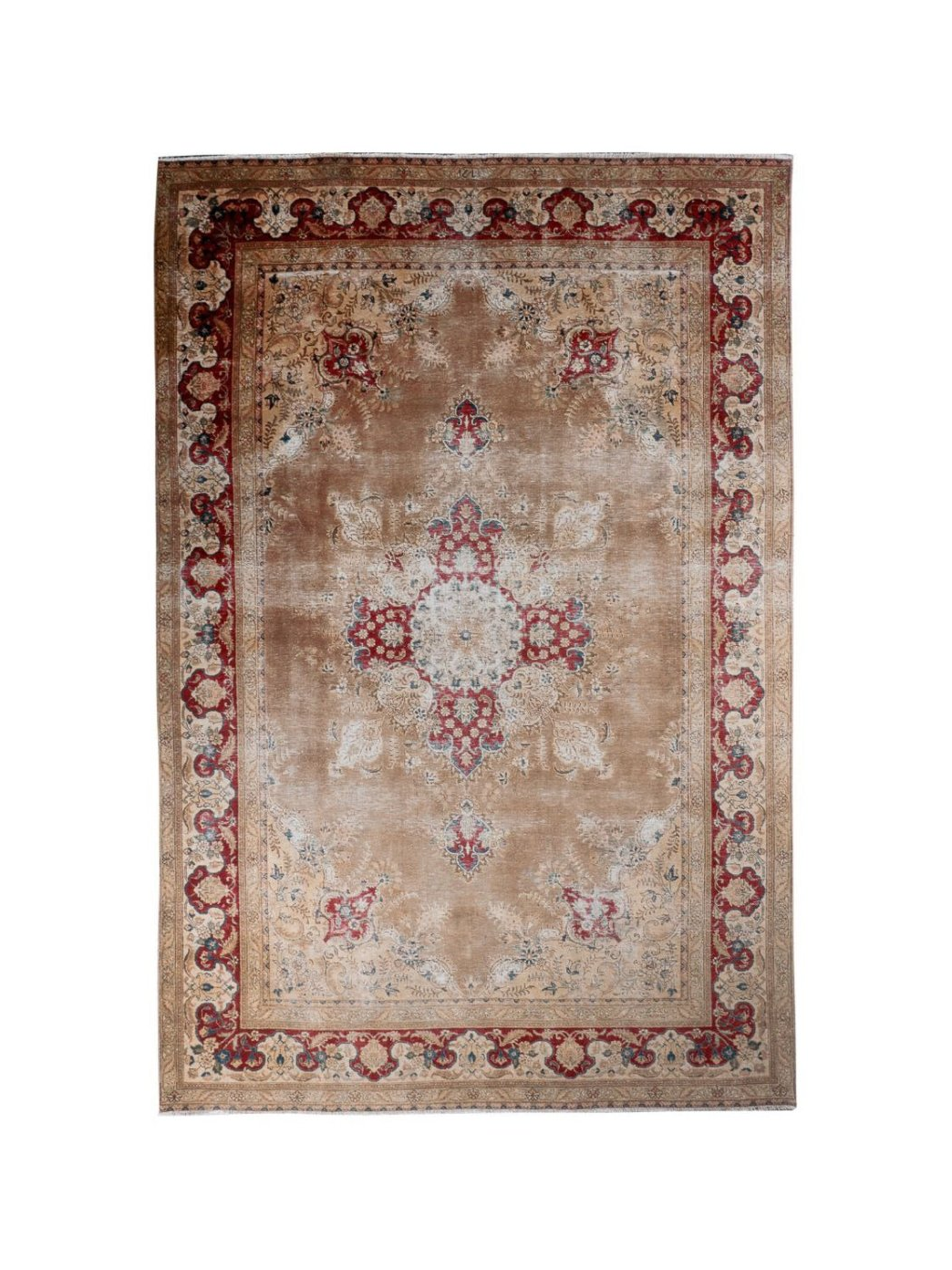 Ivory Tabriz-style area rug with red and blue corner ornaments and center medallion.