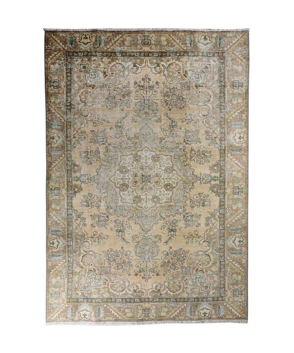 Vintage Tabriz rug square view, cream background with teal-blue motifs and ornate border