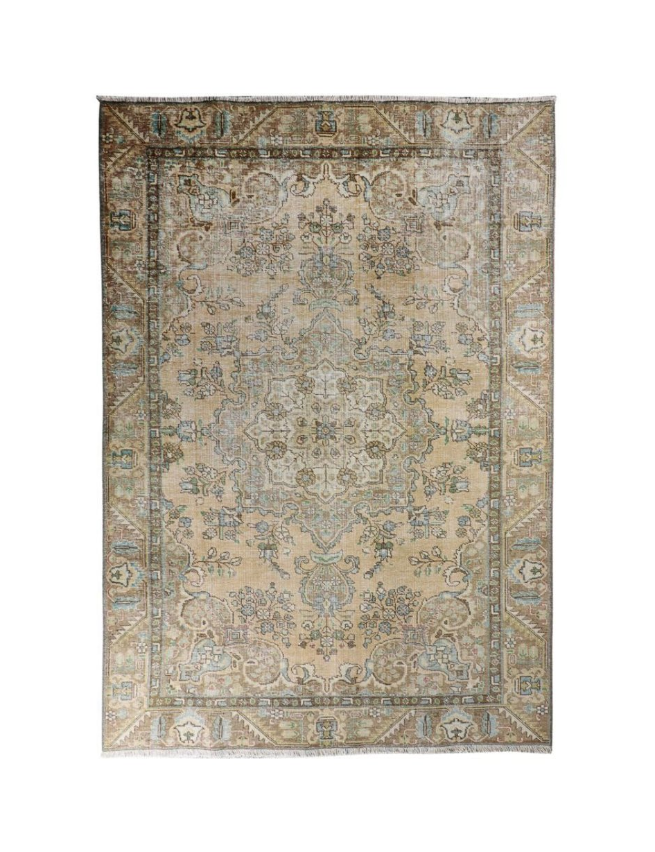 Vintage Tabriz rug square view, cream background with teal-blue motifs and ornate border