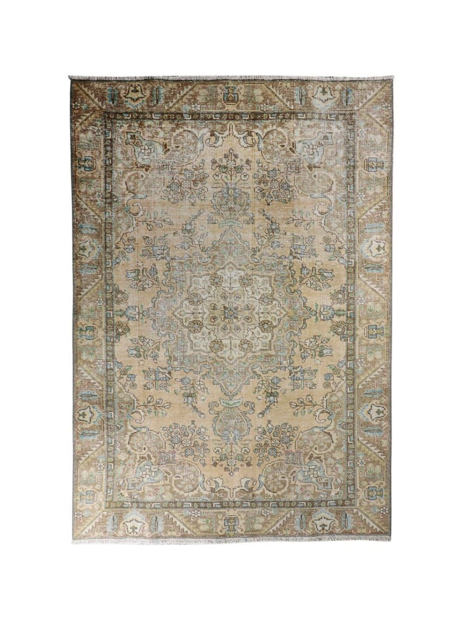 Vintage Tabriz rug square view, cream background with teal-blue motifs and ornate border