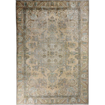 Vintage Tabriz rug square view, cream background with teal-blue motifs and ornate border
