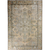 Vintage Tabriz rug square view, cream background with teal-blue motifs and ornate border