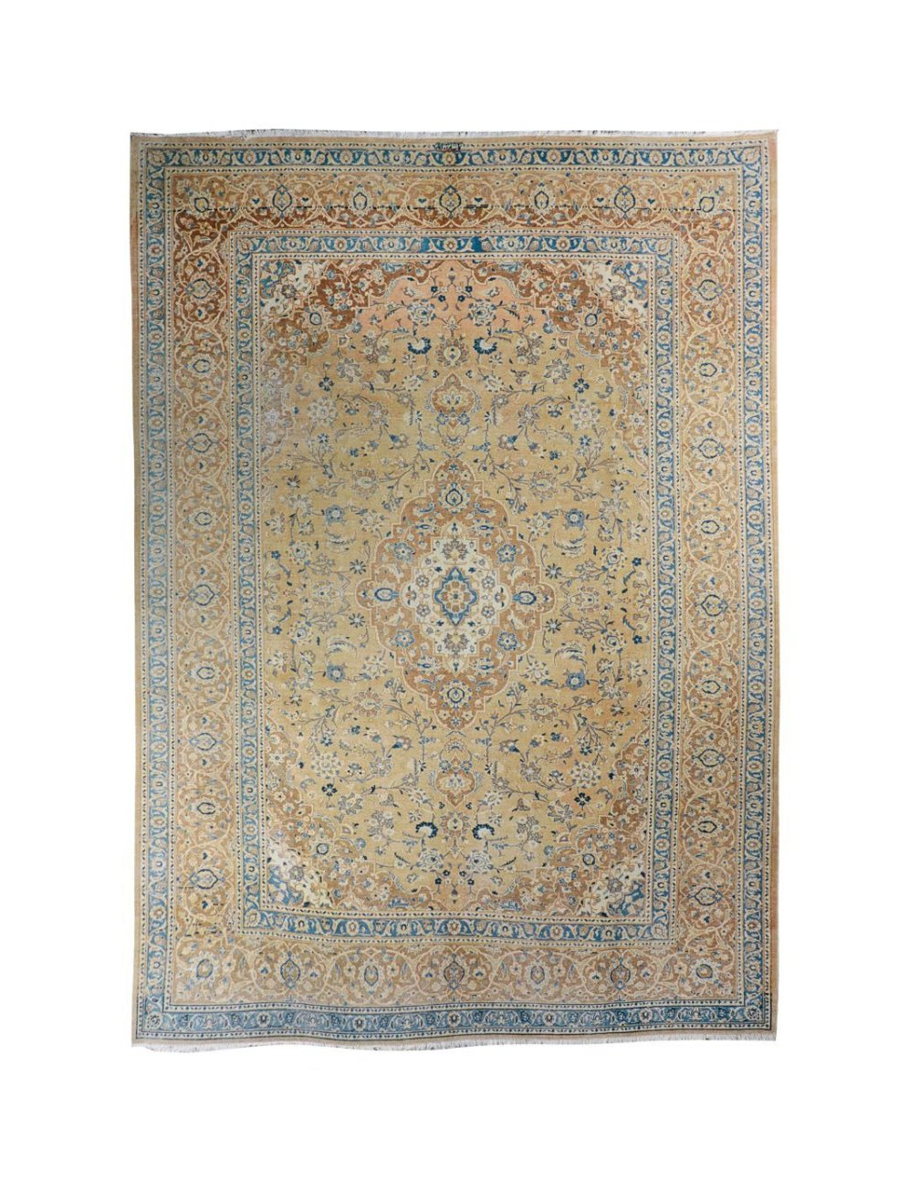 Vintage Kashan rug, centered medallion on beige ground with blue trim