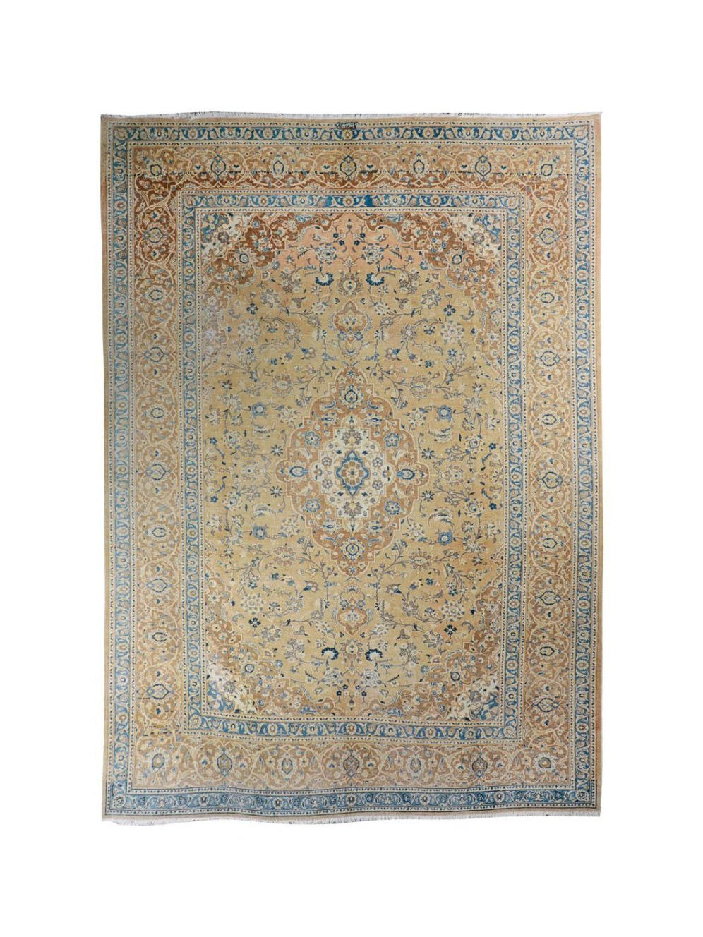 Vintage Kashan rug, centered medallion on beige ground with blue trim