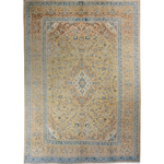 Vintage Kashan rug, centered medallion on beige ground with blue trim