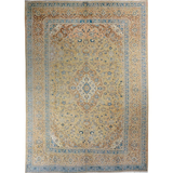 Vintage Kashan rug, centered medallion on beige ground with blue trim