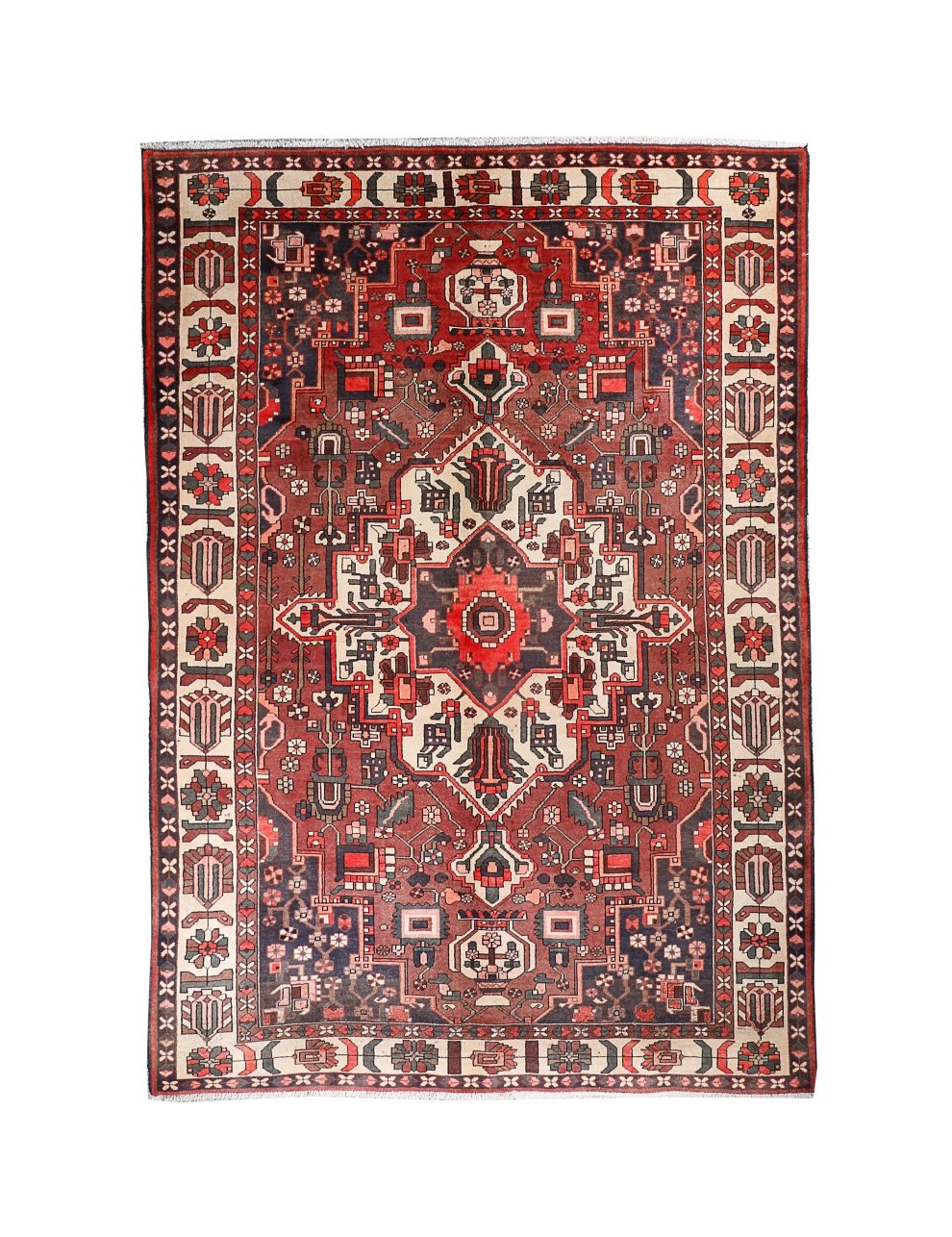 Persian Bakhtiar rug full view with red field, cream border, and ornate geometric center