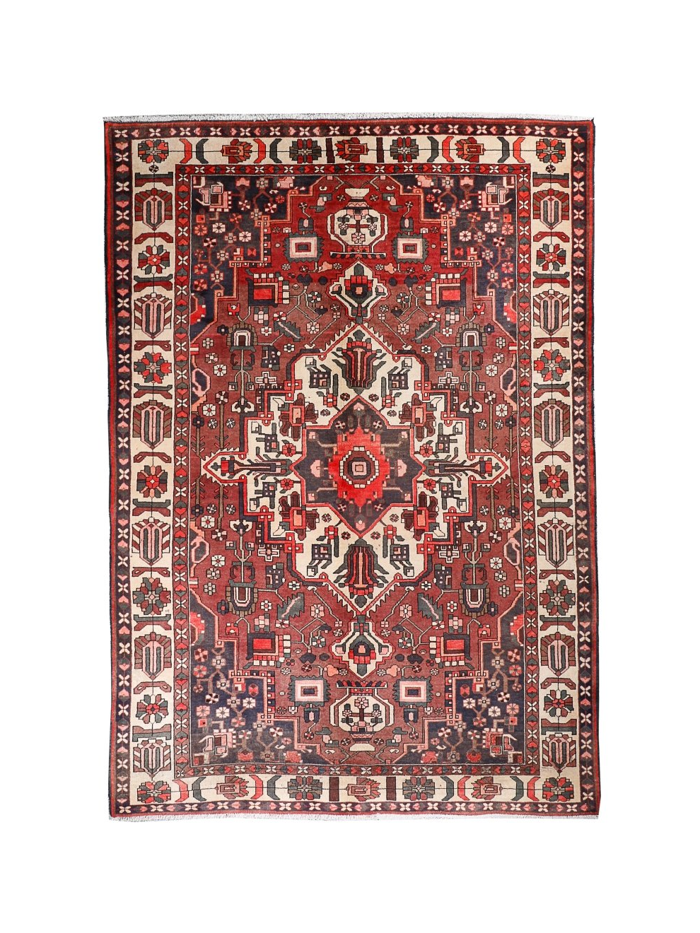 Persian Bakhtiar rug full view with red field, cream border, and ornate geometric center