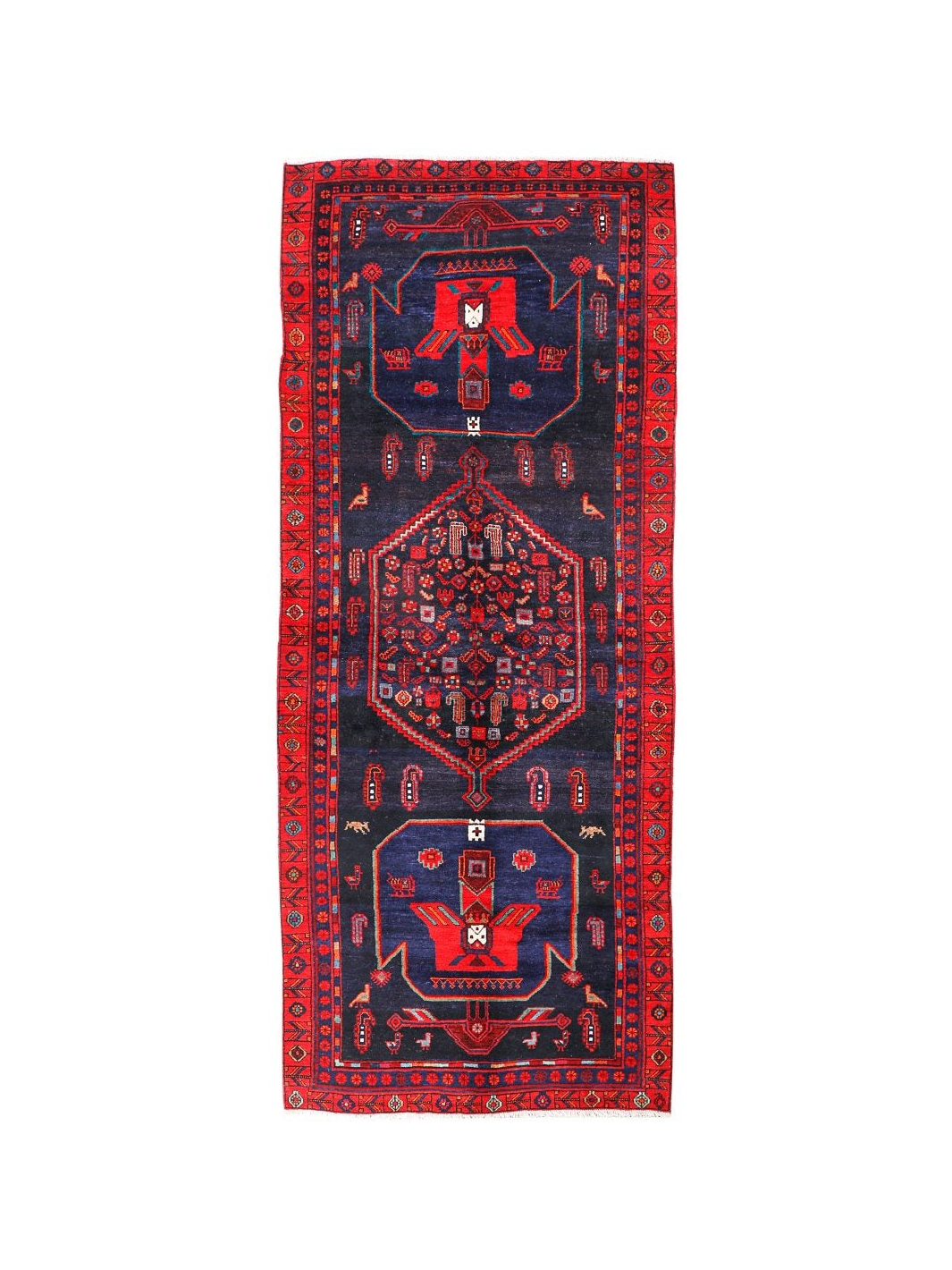 Kurdish Koliai rug, dark navy field with red border and central geometric medallion.