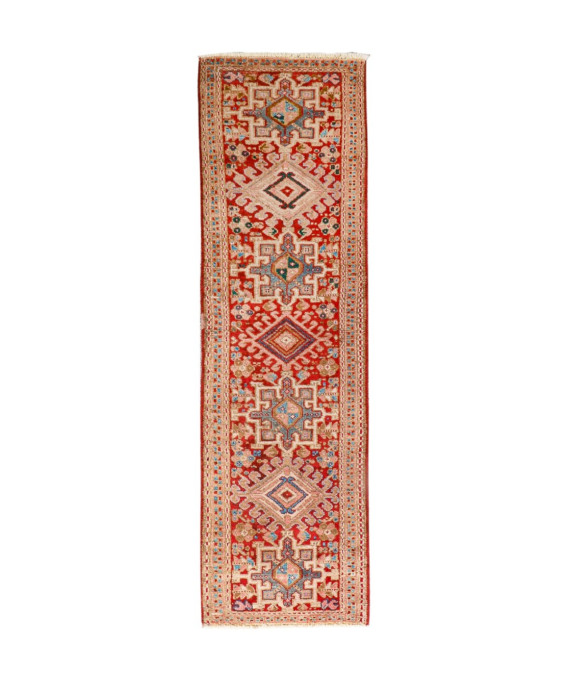 Persian-style runner rug with red field and geometric cream medallion motifs