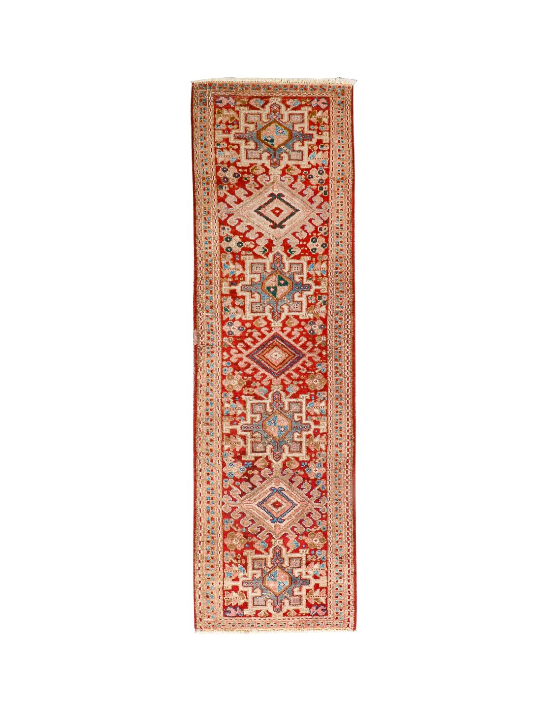 Persian-style runner rug with red field and geometric cream medallion motifs
