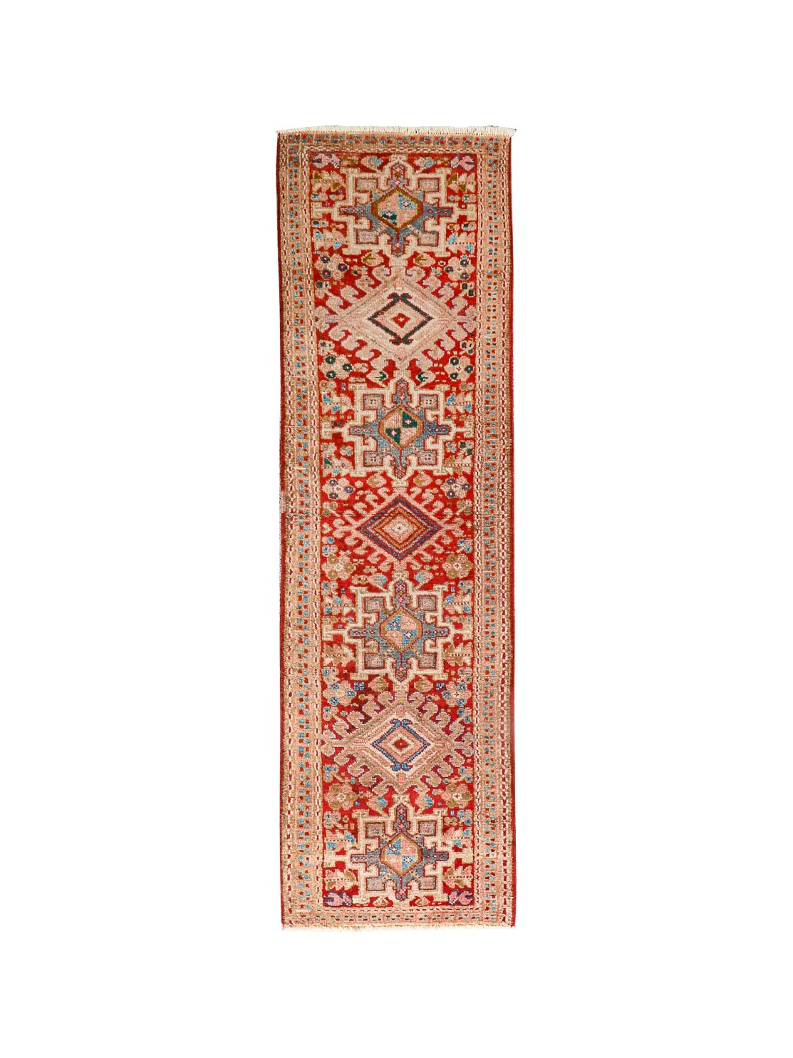 Persian-style runner rug with red field and geometric cream medallion motifs