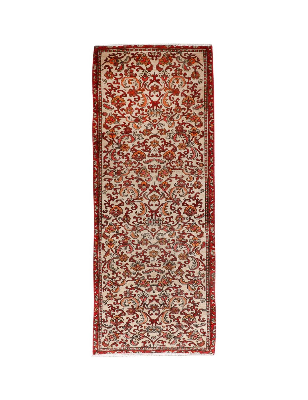 Persian Bidjar runner rug with cream field, red border, and ornate red medallion pattern.
