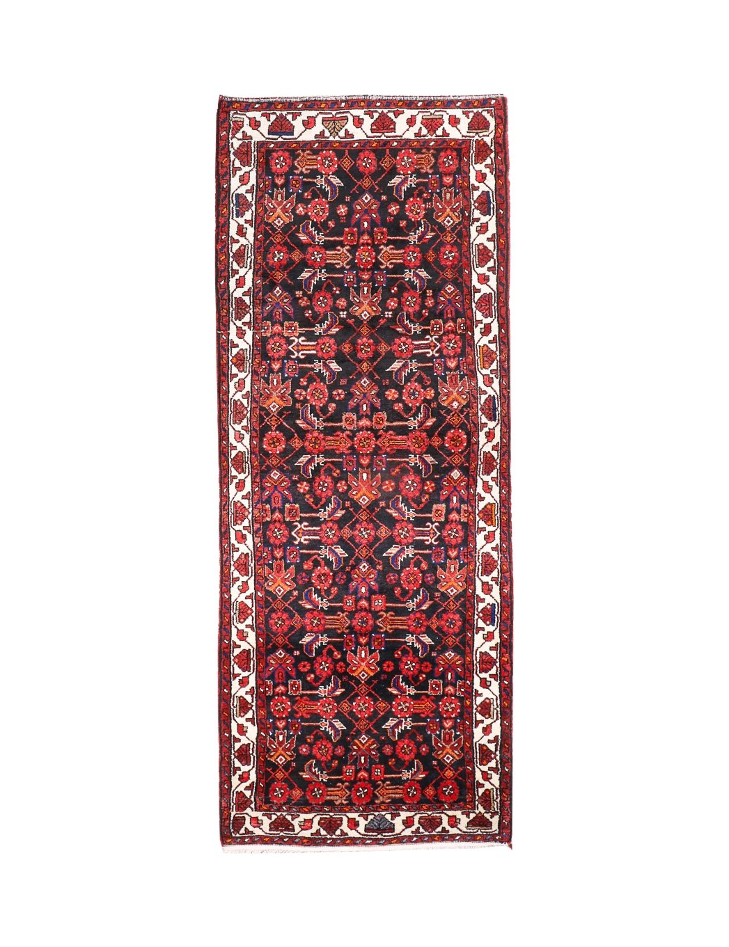 Persian runner rug with dark red medallion pattern, black field, cream border stripes