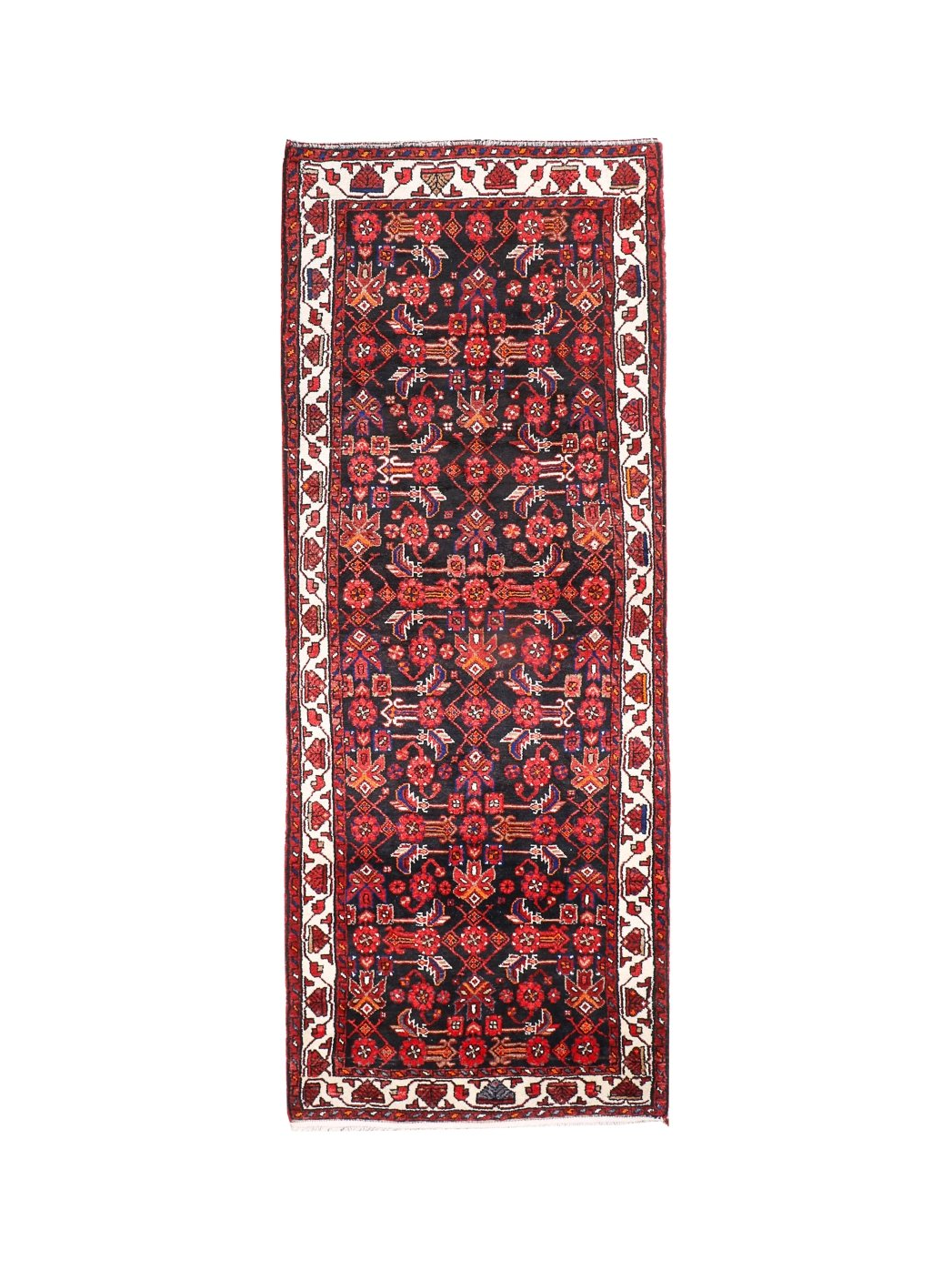 Persian runner rug with dark red medallion pattern, black field, cream border stripes