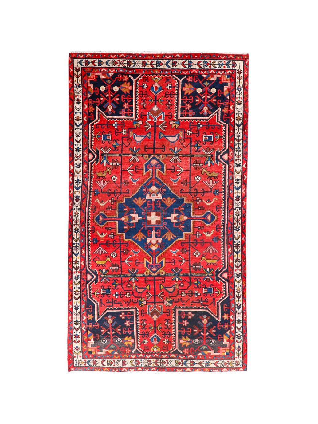 Tuyserkan Persian rug with red field, navy medallion, and cream geometric border