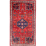Tuyserkan Persian rug with red field, navy medallion, and cream geometric border