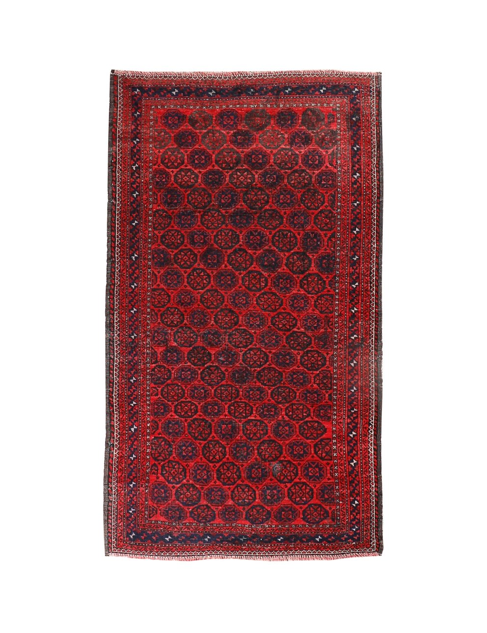 Persian Baluch rug with red field and black geometric medallion pattern, border trim
