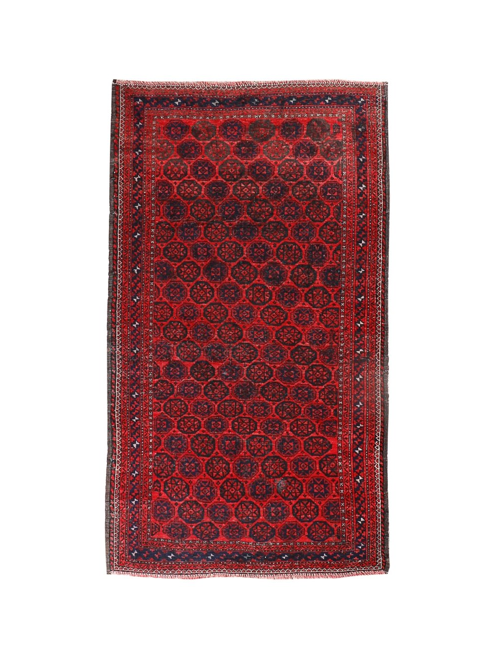 Persian Baluch rug with red field and black geometric medallion pattern, border trim