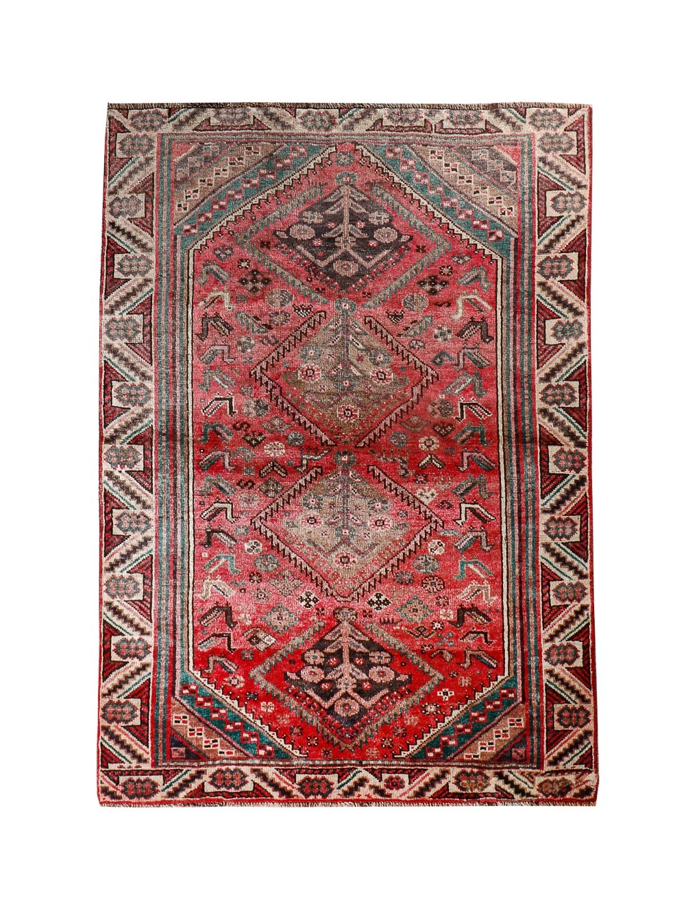 Persian Shiraz rug with red field and central medallion, teal and cream geometric pattern.