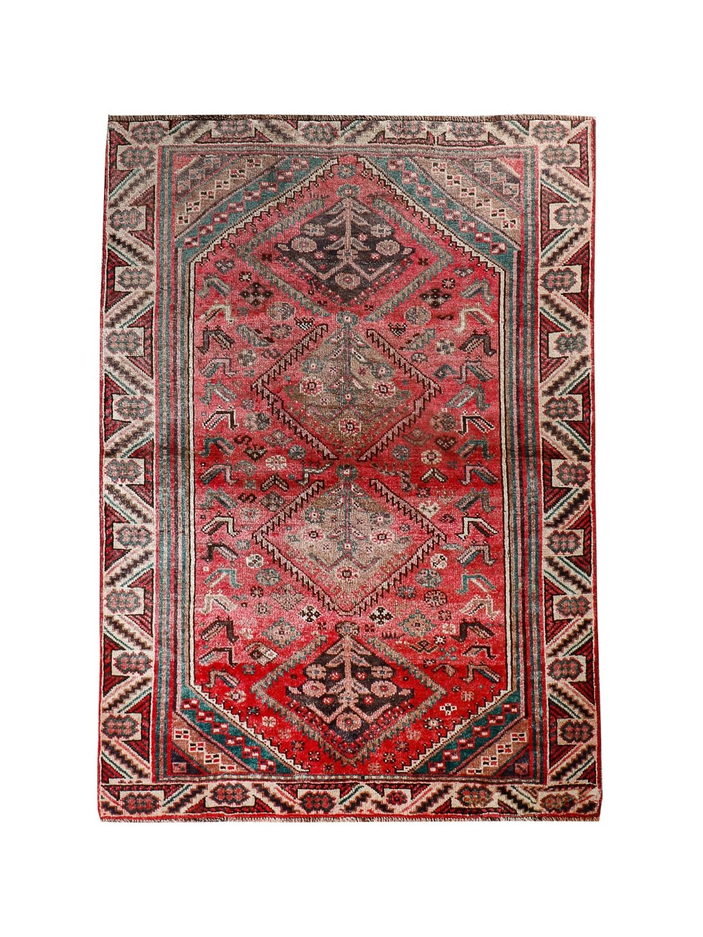 Persian Shiraz rug with red field and central medallion, teal and cream geometric pattern.
