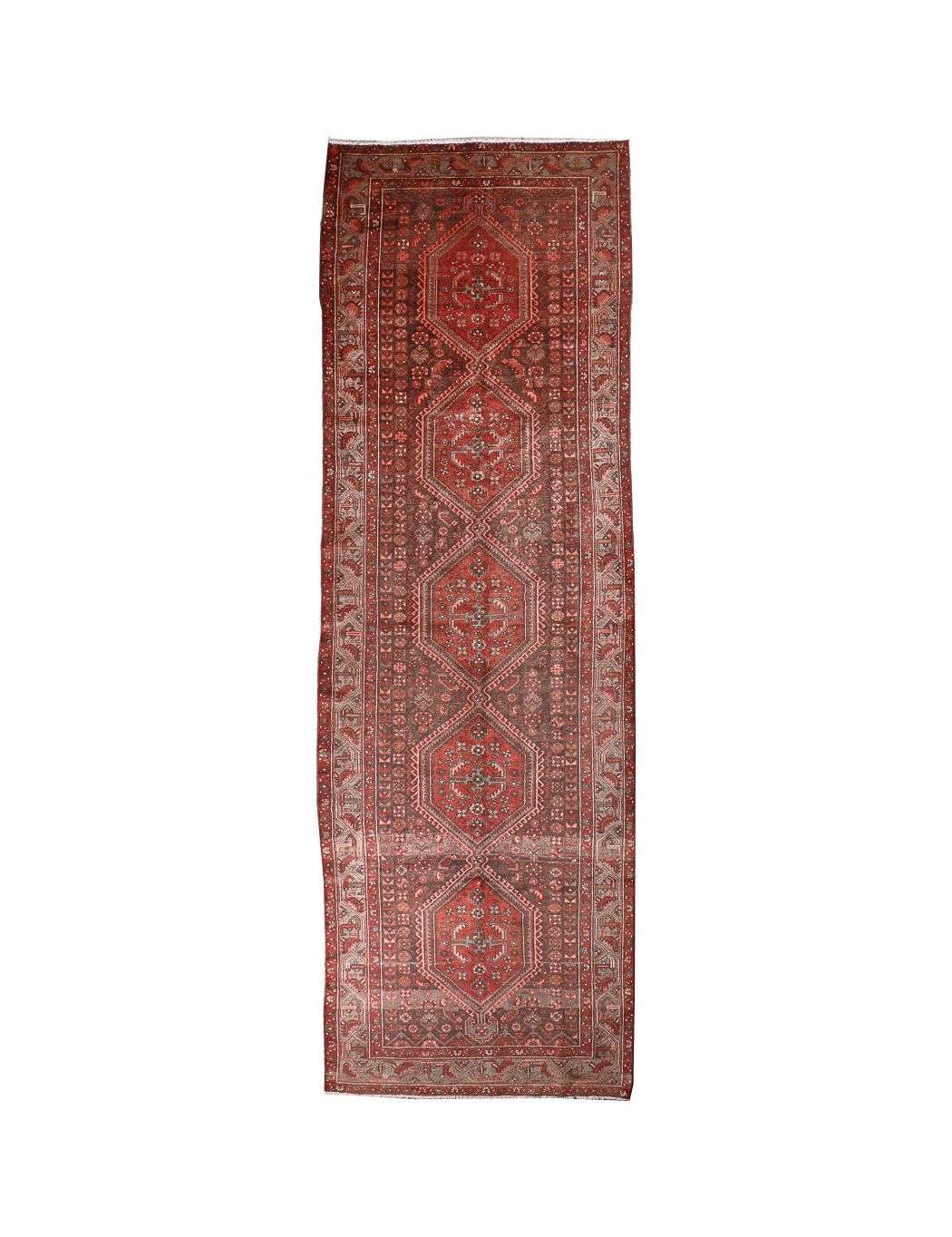 Persian Hamedan runner rug with red field, central medallions, and ornate geometric border.