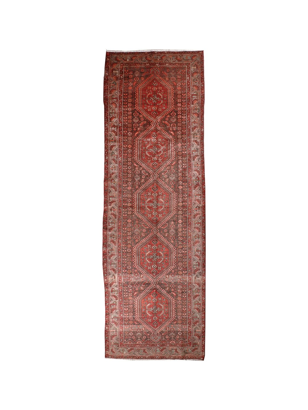 Persian Hamedan runner rug with red field, central medallions, and ornate geometric border.
