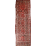 Persian Hamedan runner rug with red field, central medallions, and ornate geometric border.