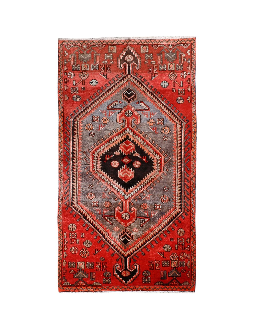Persian Zanjan rug with red border, gray field, and black-and-red diamond medallion