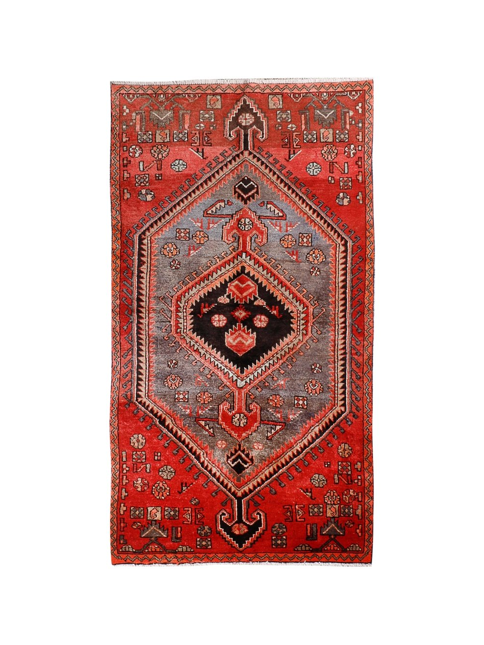 Persian Zanjan rug with red border, gray field, and black-and-red diamond medallion