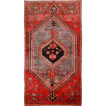 Persian Zanjan rug with red border, gray field, and black-and-red diamond medallion