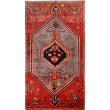 Persian Zanjan rug with red border, gray field, and black-and-red diamond medallion