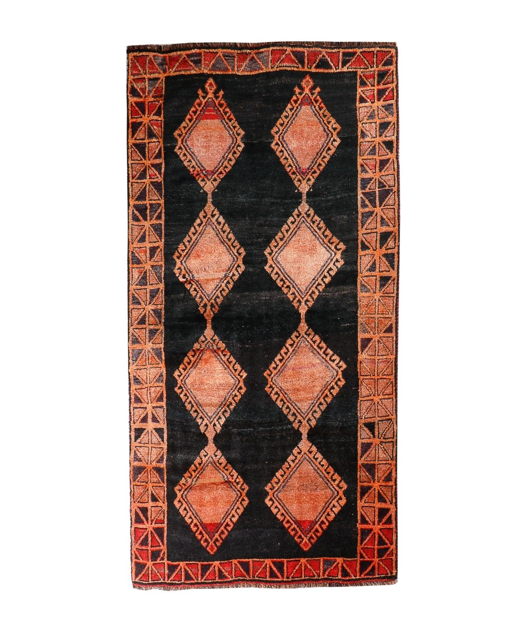 Persian Lori rug with black center and rust geometric diamond medallions