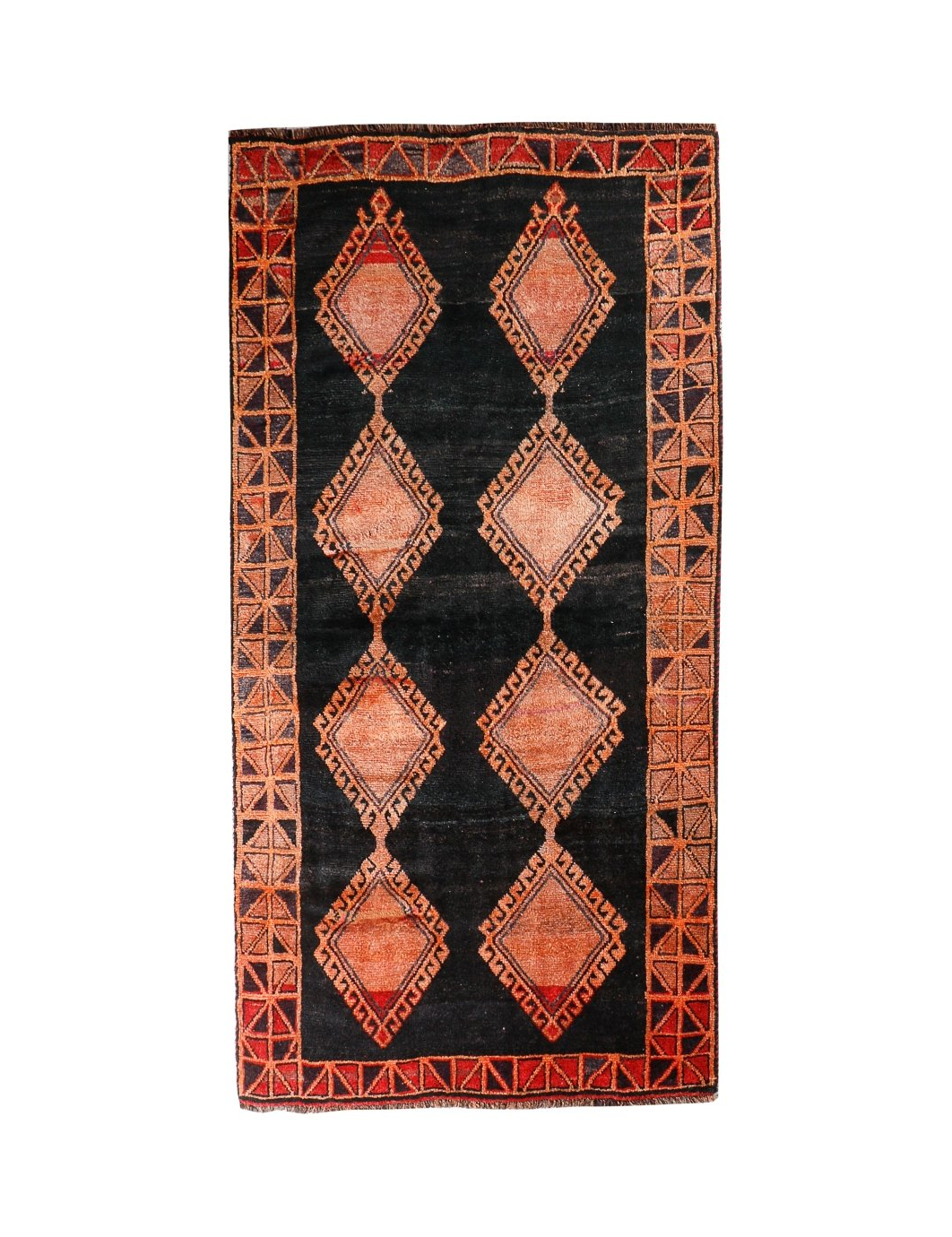 Persian Lori rug with black center and rust geometric diamond medallions
