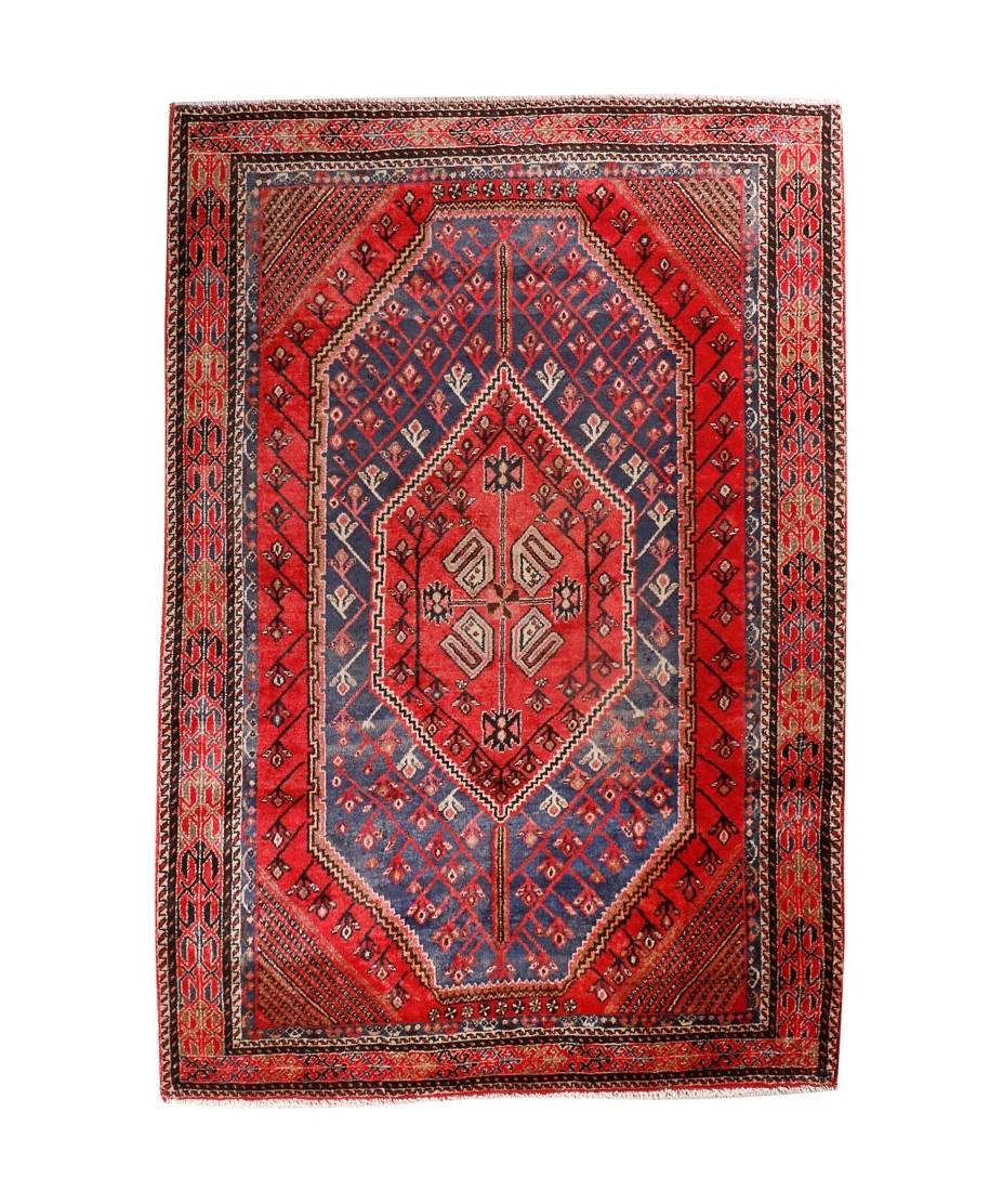 Persian Shahreh-Babak rug with red, blue and cream geometric medallion design