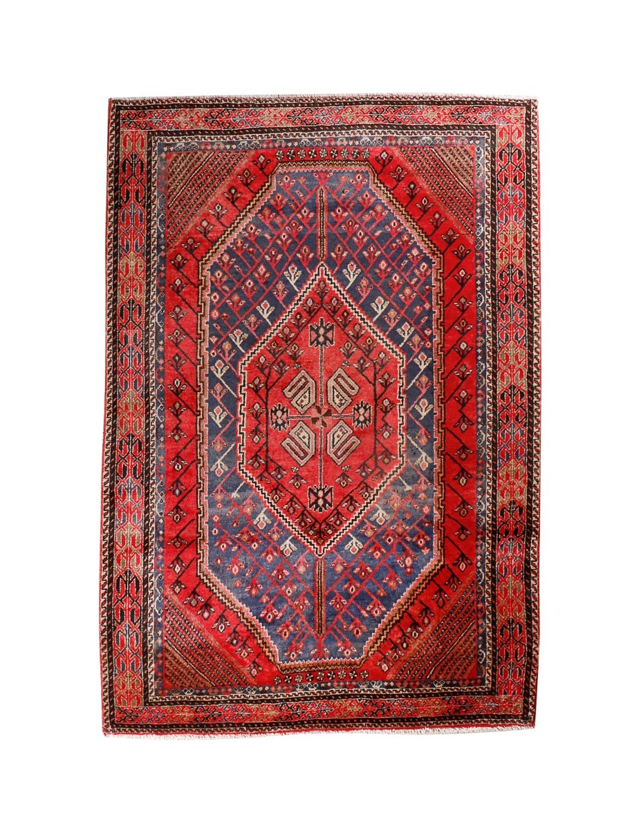 Persian Shahreh-Babak rug with red, blue and cream geometric medallion design