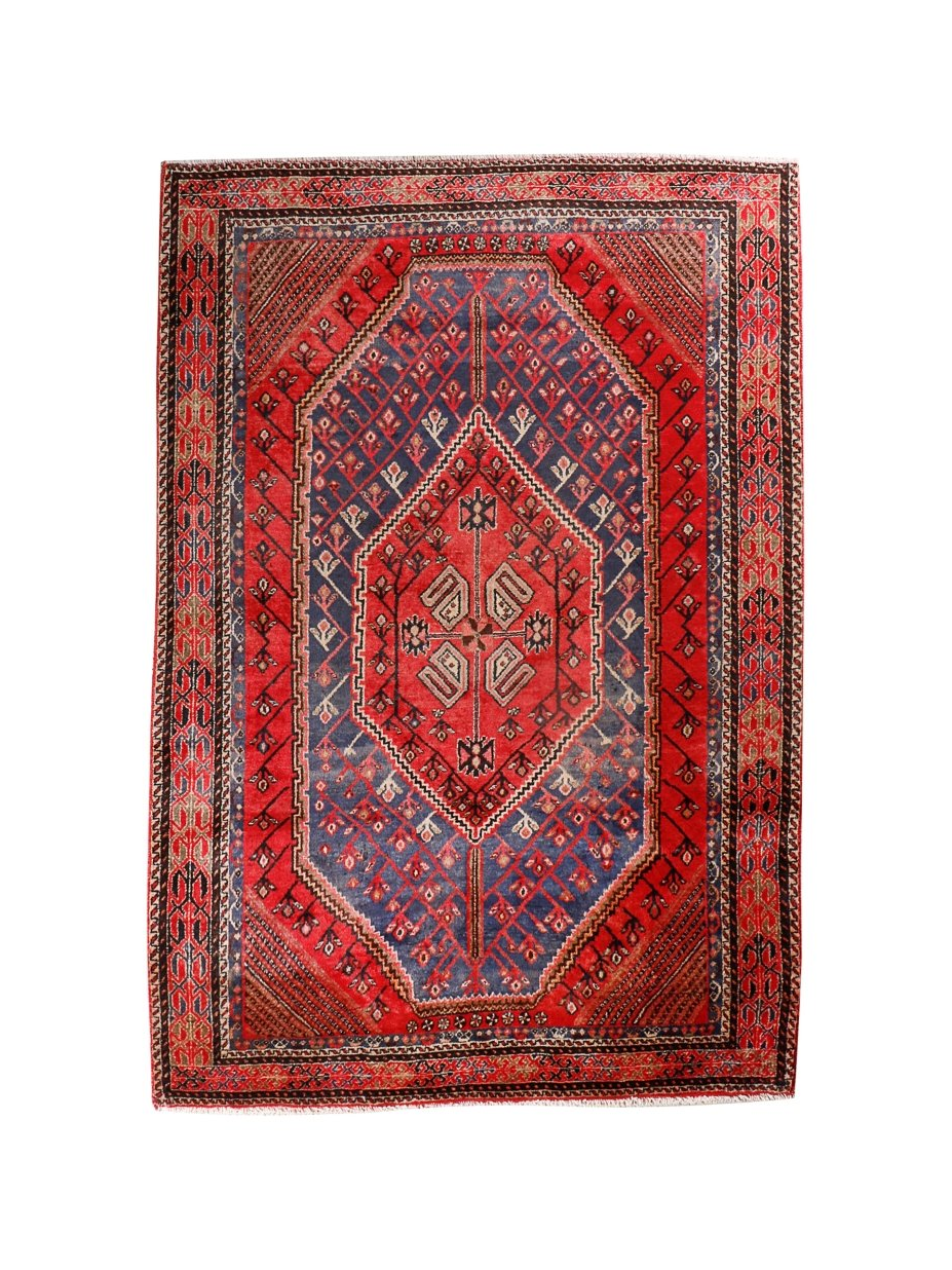 Persian Shahreh-Babak rug with red, blue and cream geometric medallion design
