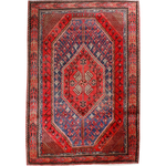 Persian Shahreh-Babak rug with red, blue and cream geometric medallion design