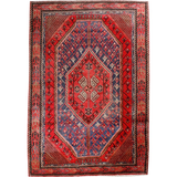 Persian Shahreh-Babak rug with red, blue and cream geometric medallion design