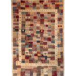 Persian Gabbeh-style area rug with multicolor square patchwork pattern on light background