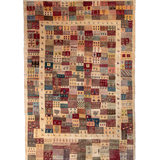 Persian Gabbeh-style area rug with multicolor square patchwork pattern on light background