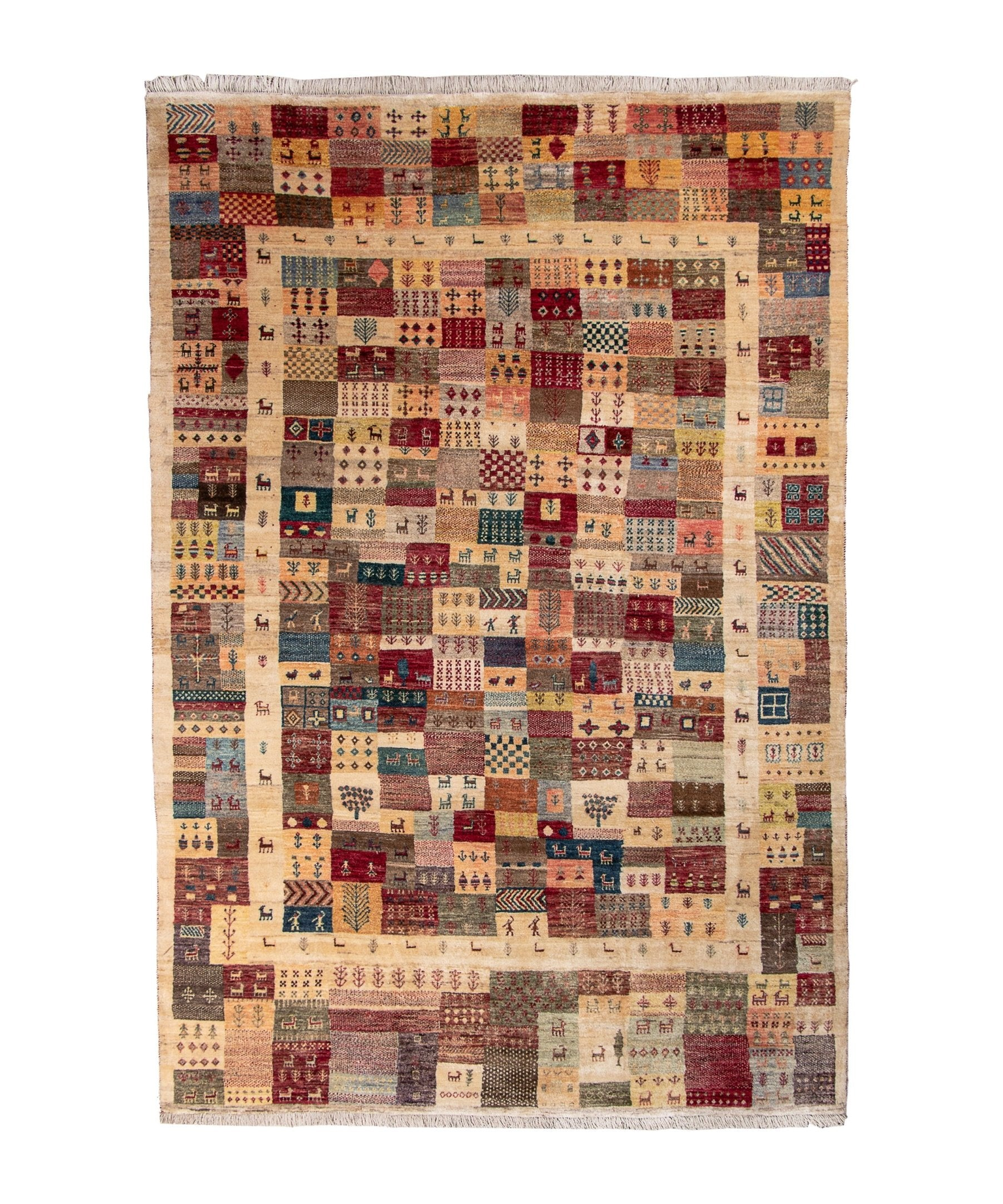 Persian Gabbeh-style area rug with multicolor square patchwork pattern on light background