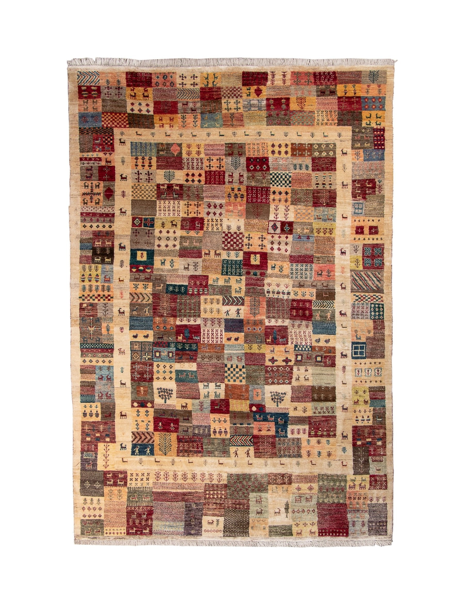 Persian Gabbeh-style area rug with multicolor square patchwork pattern on light background