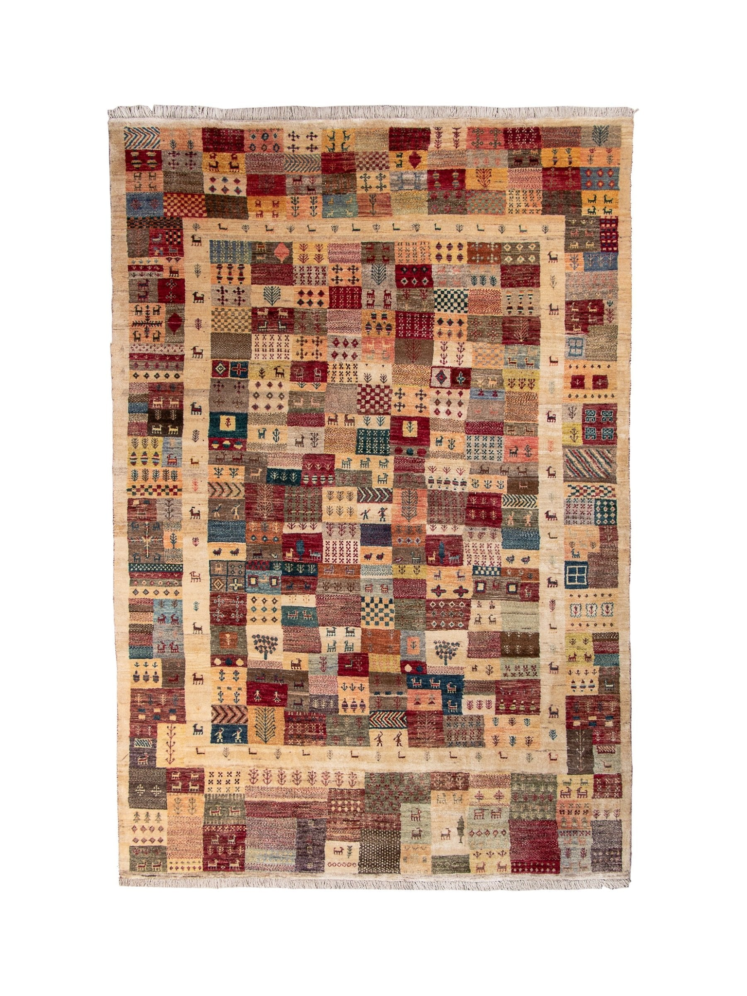 Persian Gabbeh-style area rug with multicolor square patchwork pattern on light background