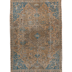 Persian rug with central medallion and blue patterns on tan ground
