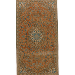 Persian Kashan rug, rectangular rust and teal floral pattern with central medallion, border