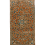 Persian Kashan rug, rectangular rust and teal floral pattern with central medallion, border