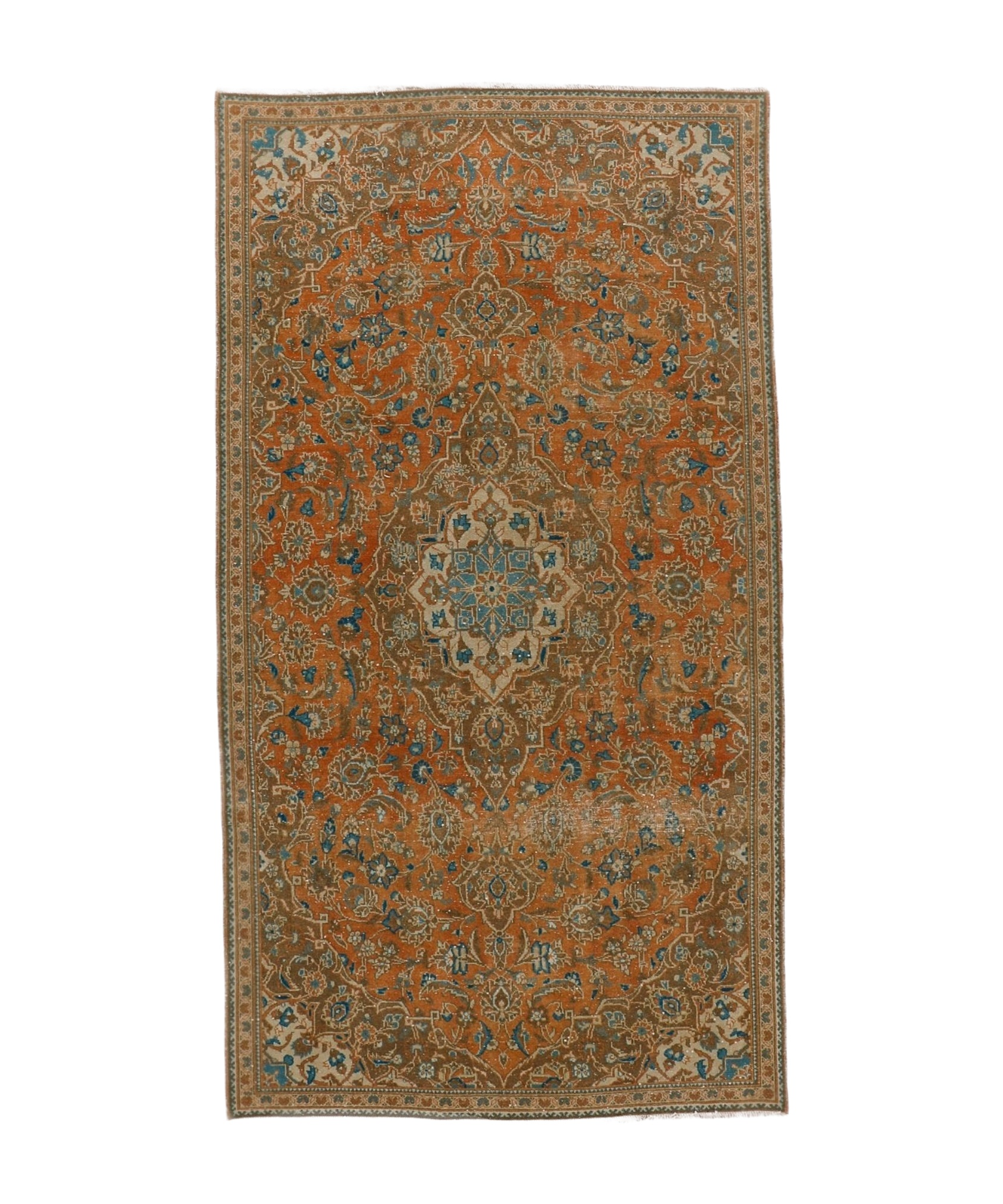 Persian Kashan rug, rectangular rust and teal floral pattern with central medallion, border