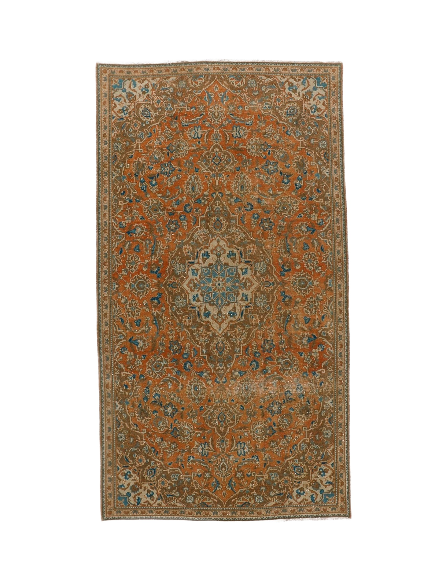 Persian Kashan rug, rectangular rust and teal floral pattern with central medallion, border