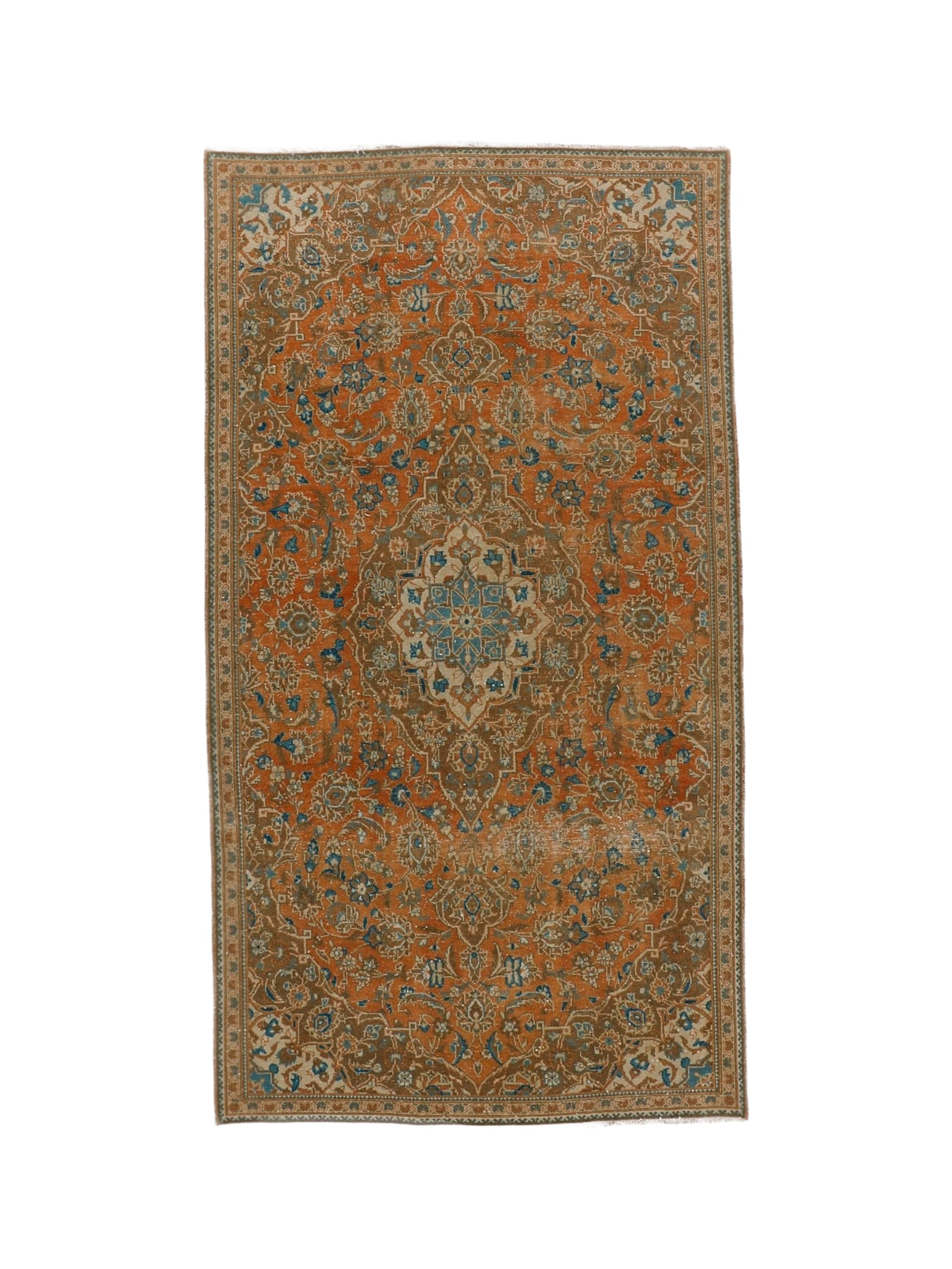 Persian Kashan rug, rectangular rust and teal floral pattern with central medallion, border